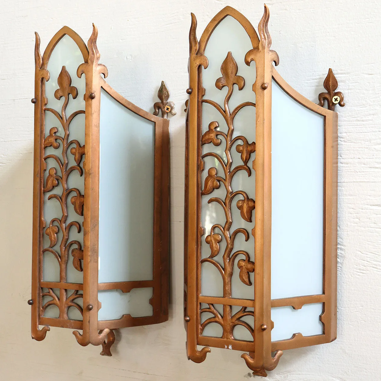 Pair of American Albert Sechrist Bronze and Flashed Glass One-Light Wall Sconces