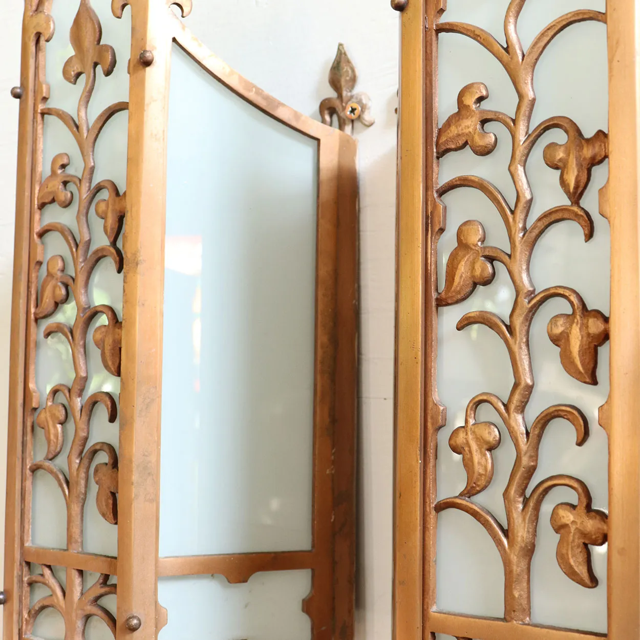 Pair of American Albert Sechrist Bronze and Flashed Glass One-Light Wall Sconces