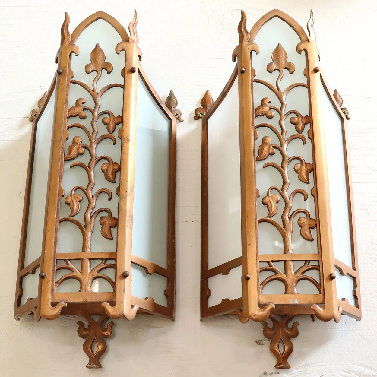 Pair of American Albert Sechrist Bronze and Flashed Glass One-Light Wall Sconces