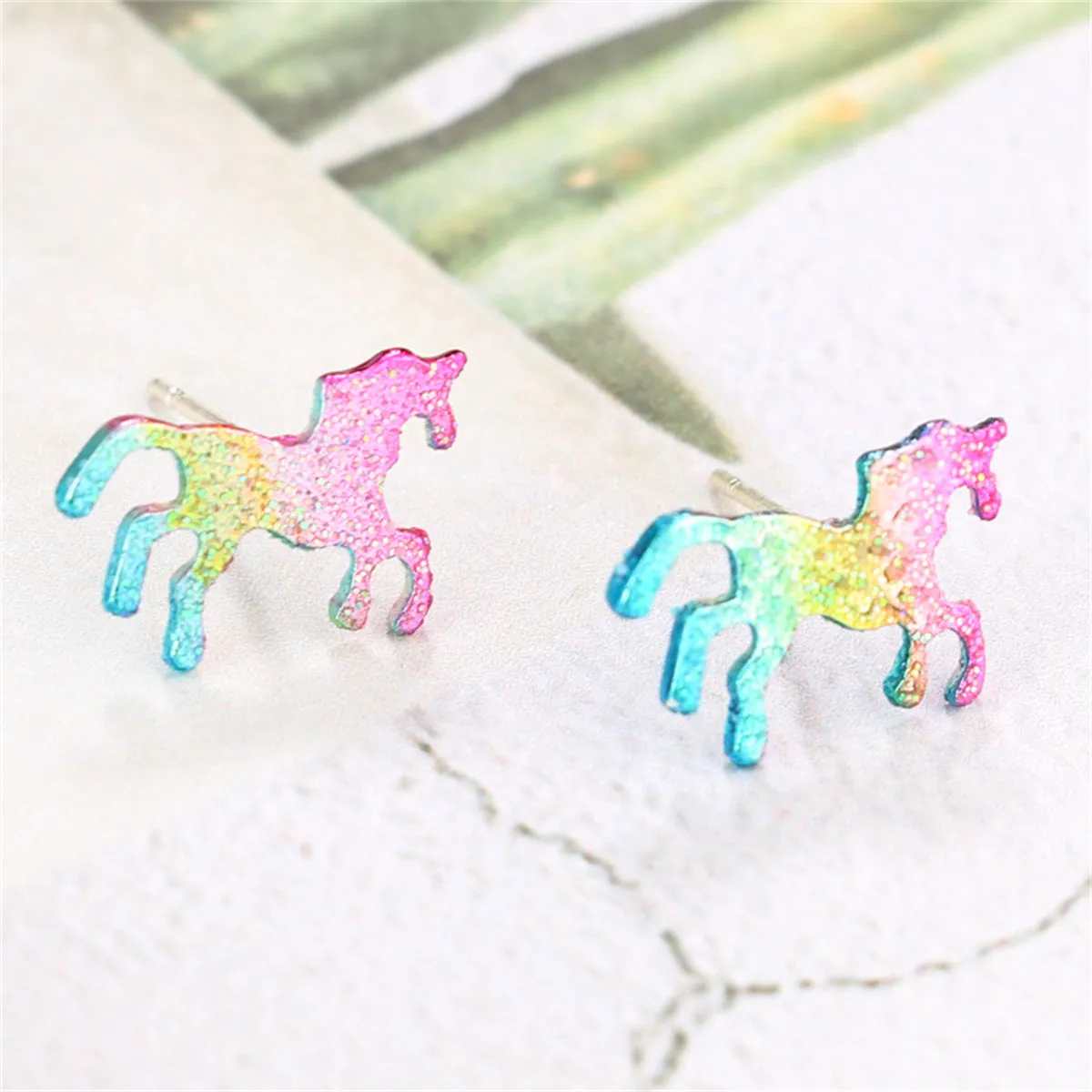 Pastel Epoxy & Silver-Plated Ombré Glitter Unicorn Stud Earrings