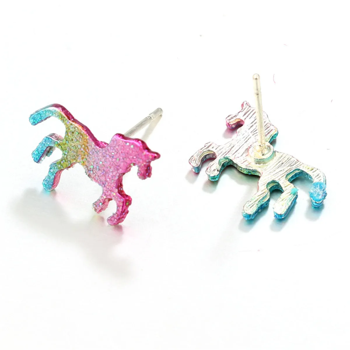 Pastel Epoxy & Silver-Plated Ombré Glitter Unicorn Stud Earrings
