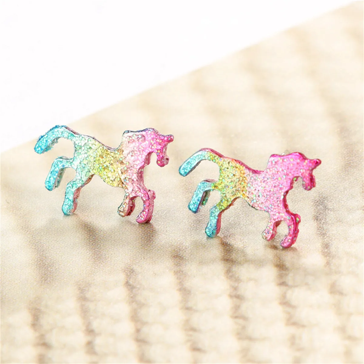Pastel Epoxy & Silver-Plated Ombré Glitter Unicorn Stud Earrings