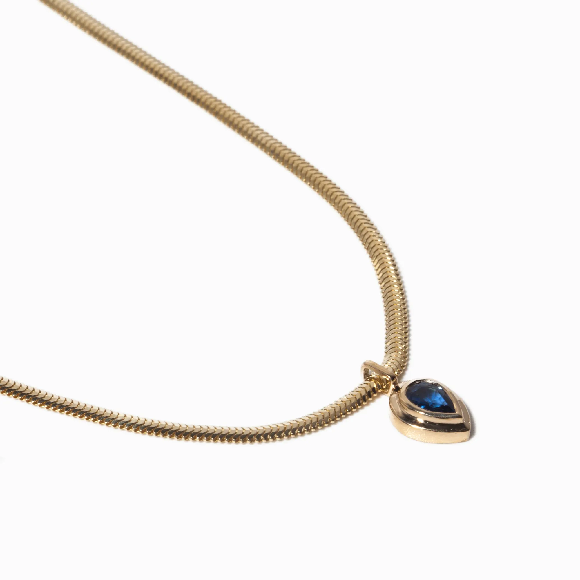 Pear Blue Sapphire Bezel Pendant Snake Chain Necklace