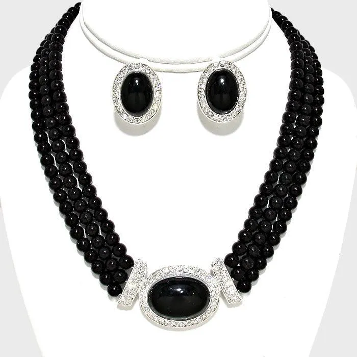 Pearl (faux) Black Necklace & Clip-On Earrings Set
