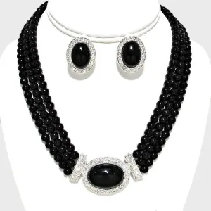 Pearl (faux) Black Necklace & Clip-On Earrings Set