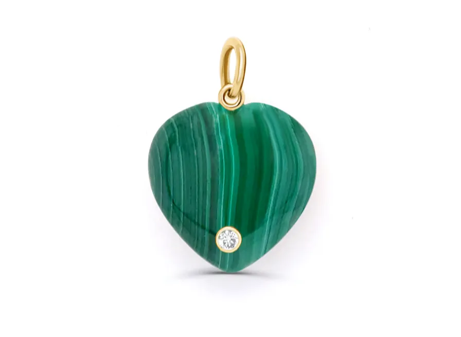 Pendant 14kt Gold Malachite Heart & Round Diamonds