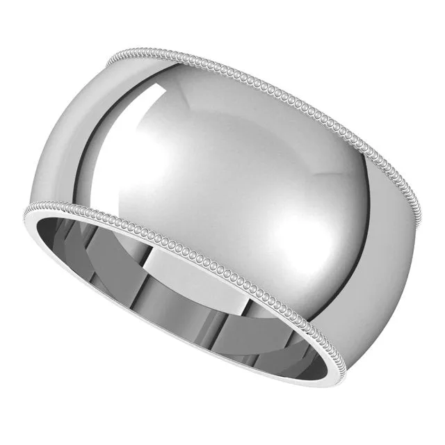 Platinum 10 mm Milgrain Half Round Wedding Band