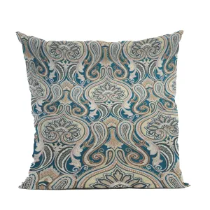 Plutus Blue Gold Beige Majestic Swirl Paisley Luxury Throw Pillow