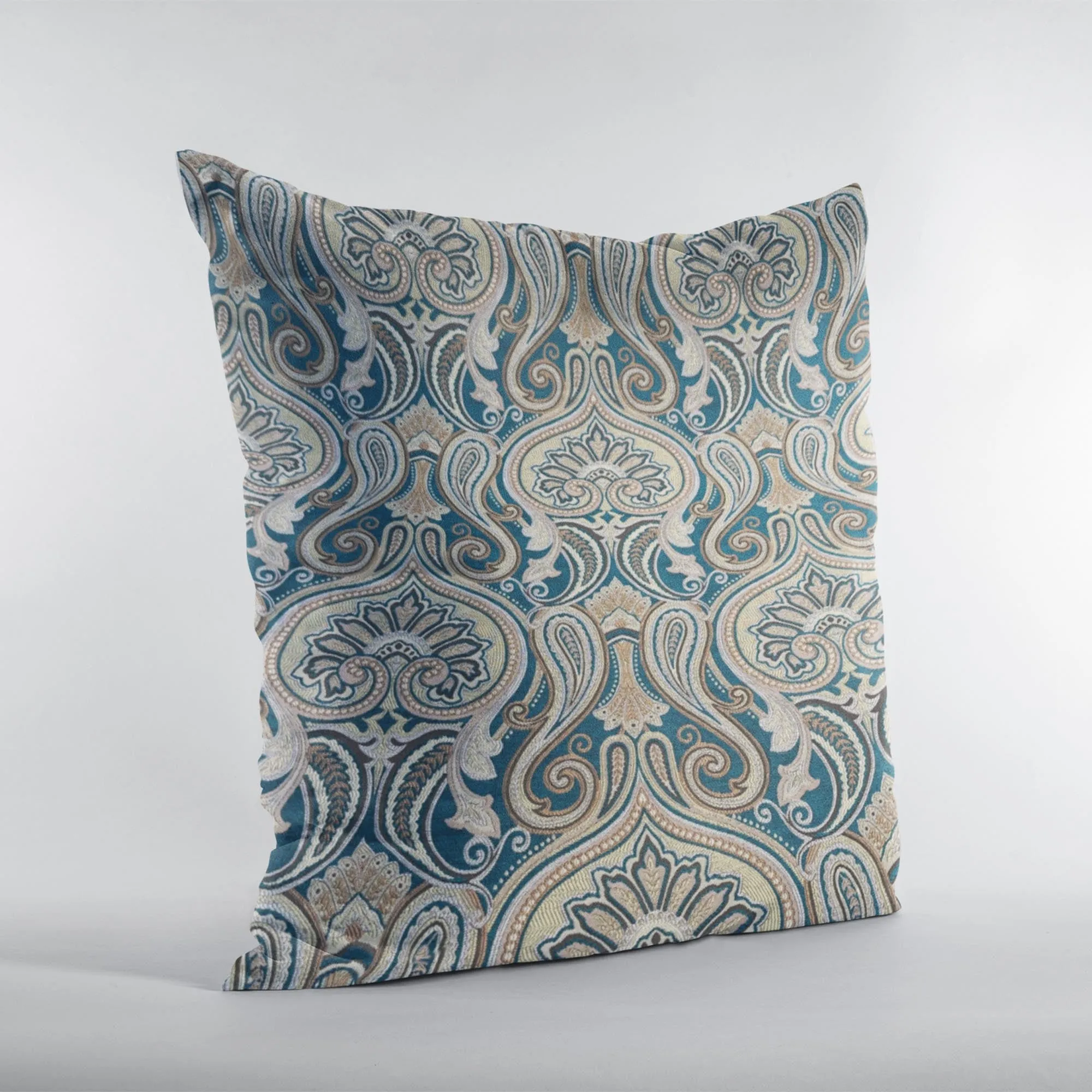 Plutus Blue Gold Beige Majestic Swirl Paisley Luxury Throw Pillow