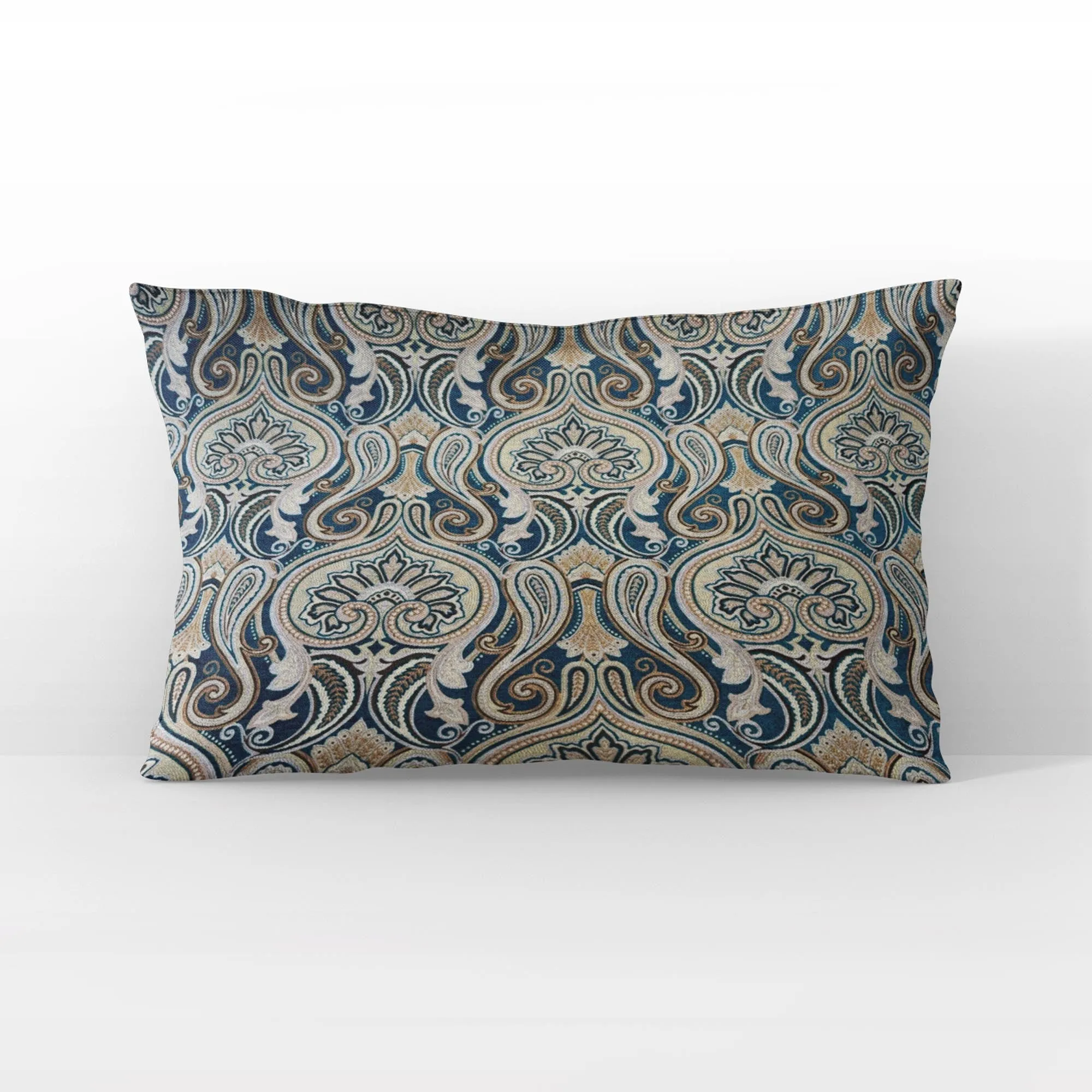 Plutus Blue Gold Beige Majestic Swirl Paisley Luxury Throw Pillow