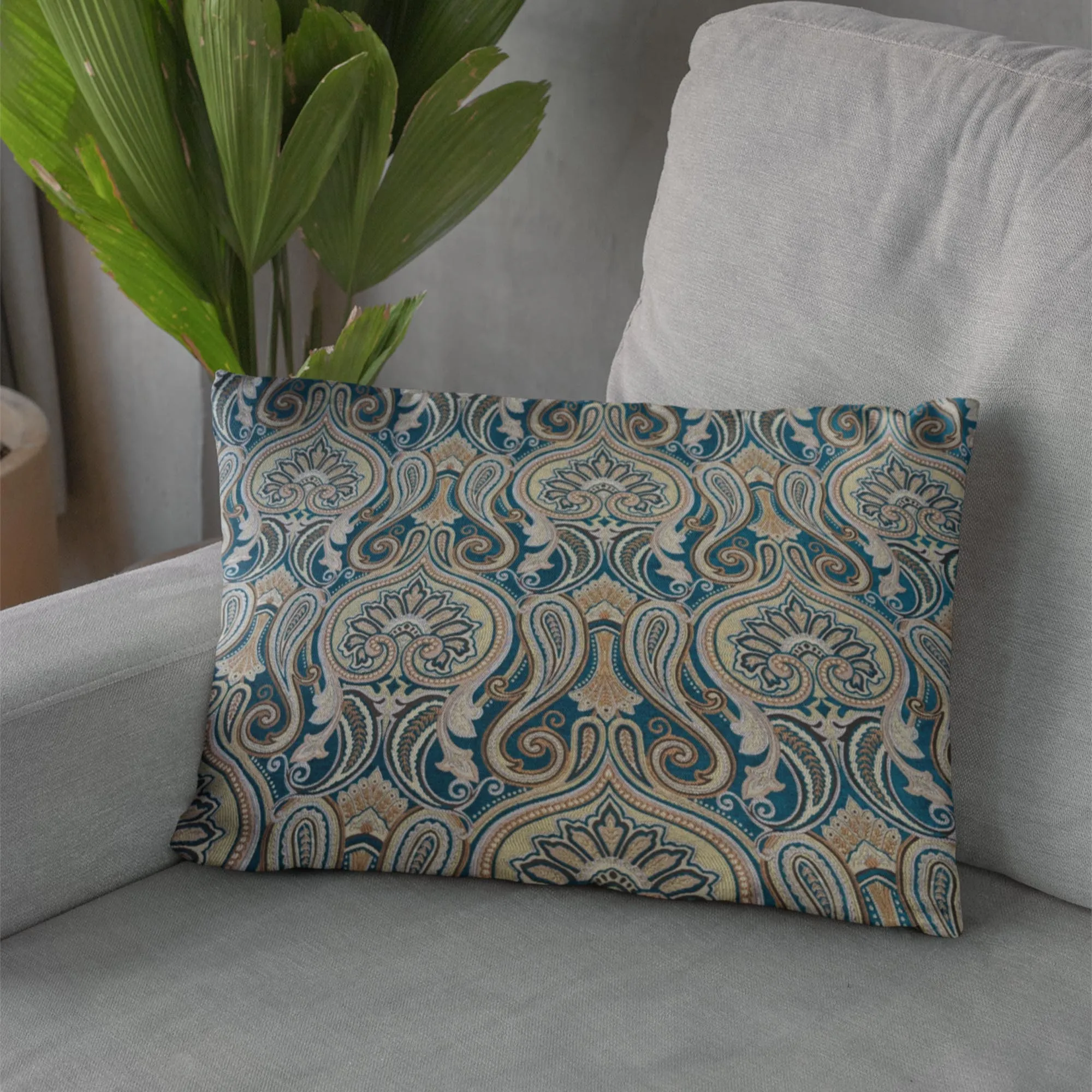 Plutus Blue Gold Beige Majestic Swirl Paisley Luxury Throw Pillow