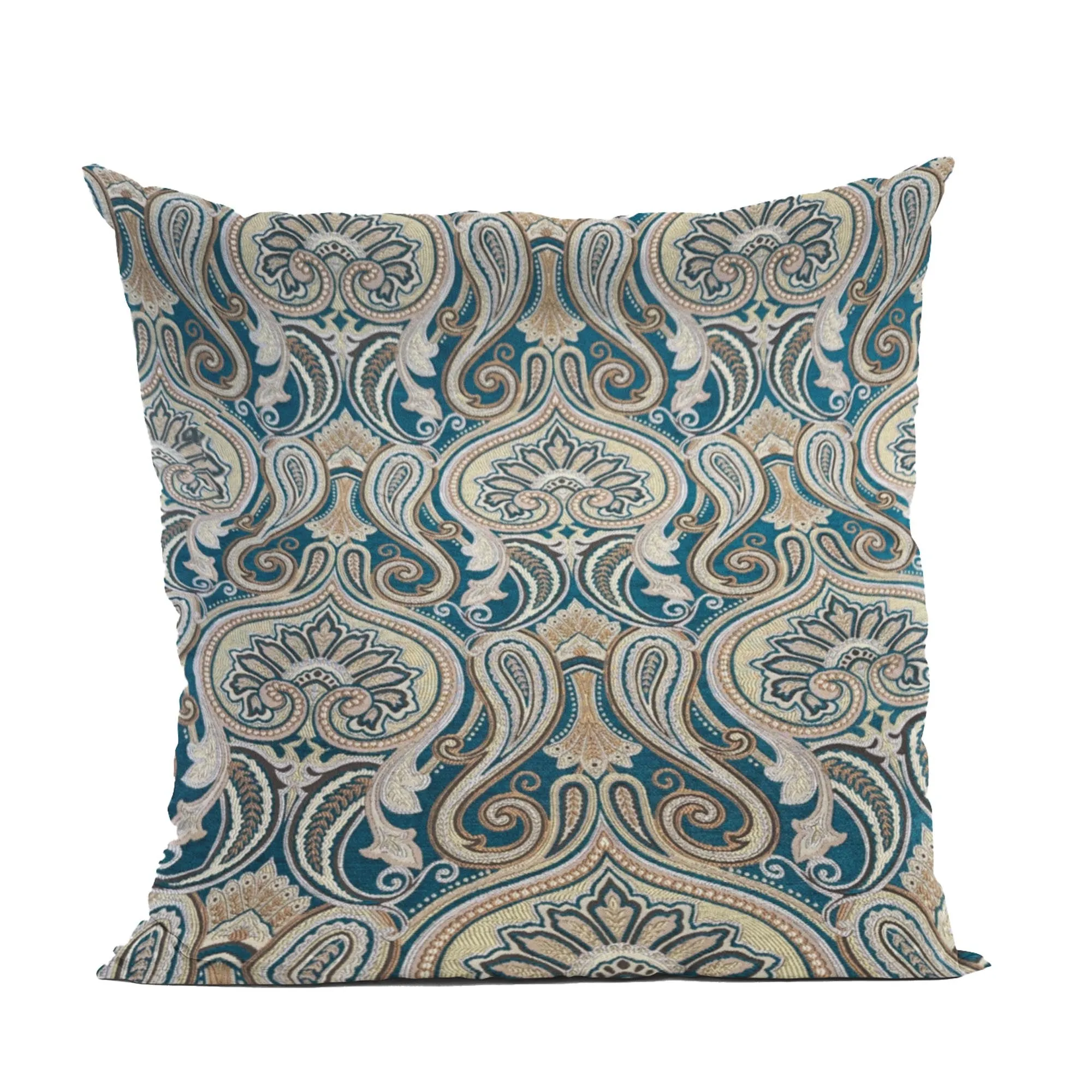 Plutus Blue Gold Beige Majestic Swirl Paisley Luxury Throw Pillow