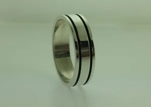 Polished Sterling Silver 6mm Double Black Groove Wedding Band