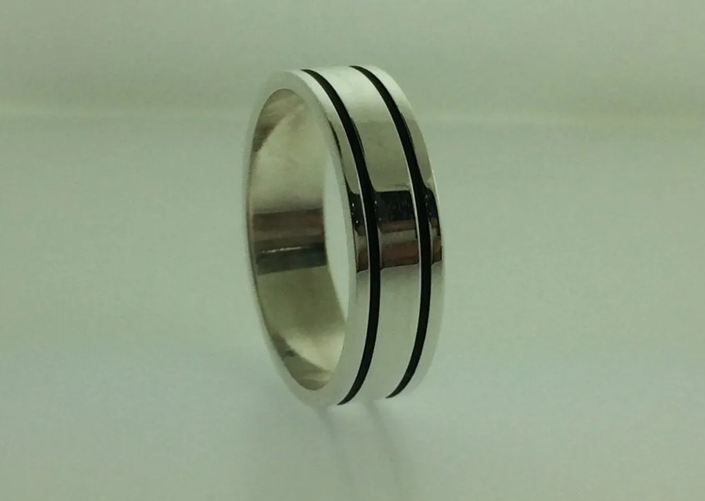 Polished Sterling Silver 6mm Double Black Groove Wedding Band