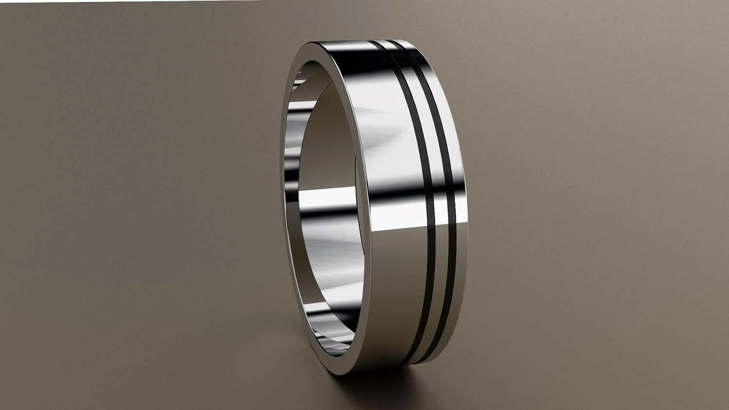 Polished White Gold 6mm Double Offset Black Grooved Wedding Band