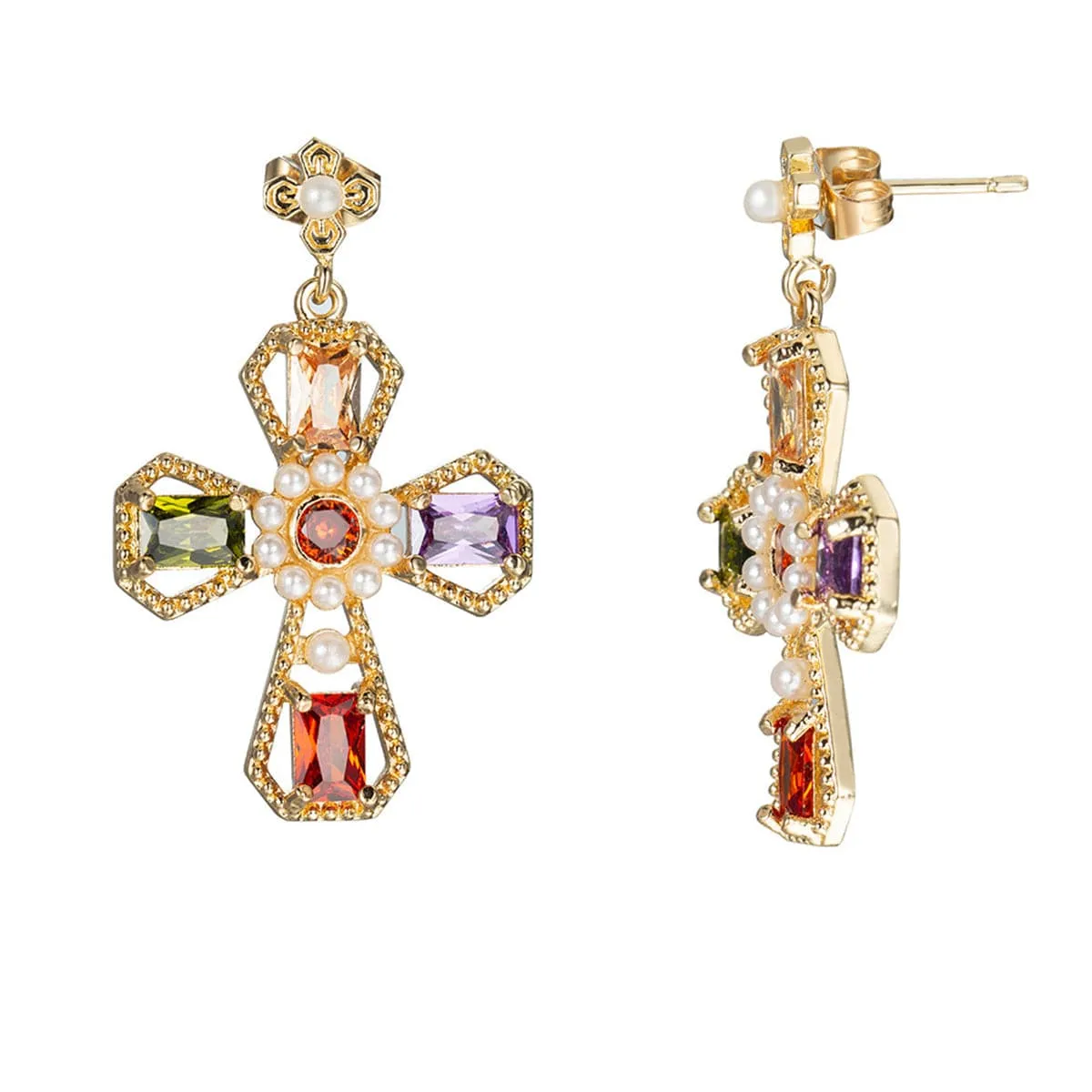 Purple Crystal & Pearl 18k Gold-Plated Cross Drop Earrings