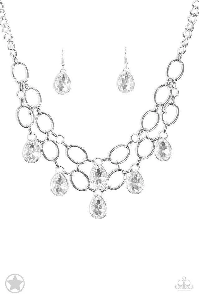 " Show Stopping Shimmer " Silver Metal Clear/White Rhinestone Net Necklace Set