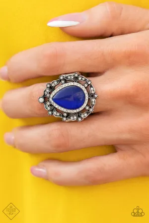 "Iridescently Icy" Silver Metal Blue Cat's Eye/Clear Rhinestone Elastic Back Ring