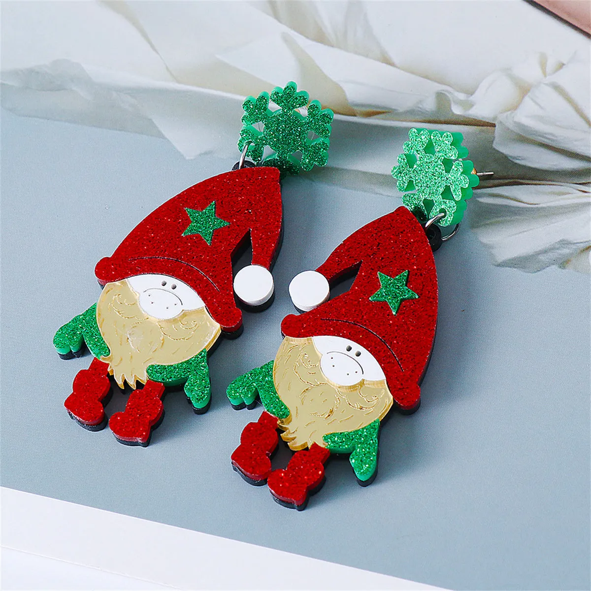 Red & Green Glitter Tiered Snowflake Gnome Drop Earrings