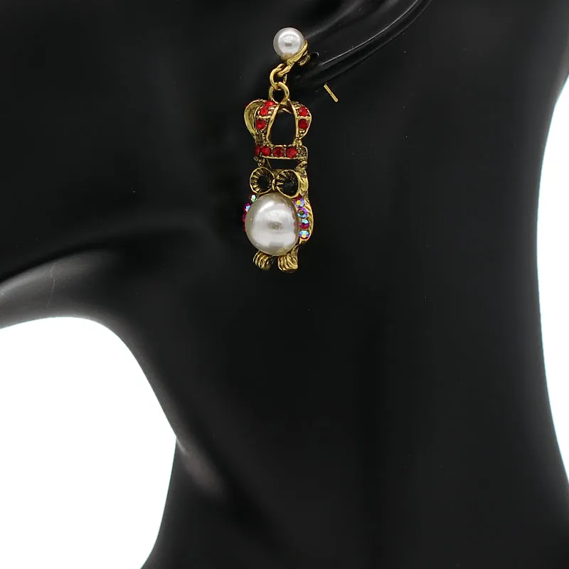 Red Iridescent Faux Pearl Owl Dangle Earrings