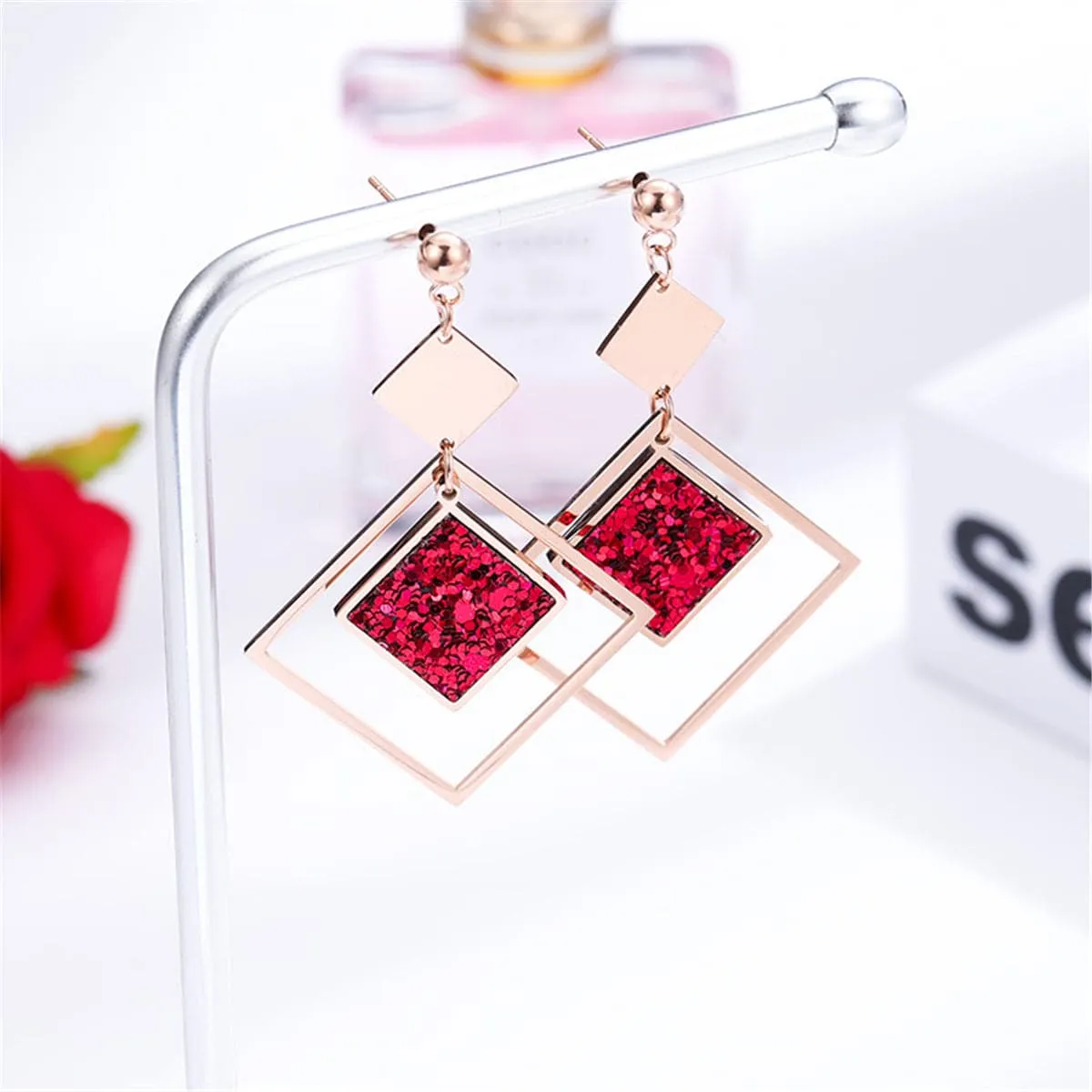 Red Sequin & 18K Rose Gold-Plated Rhombus Drop Earrings