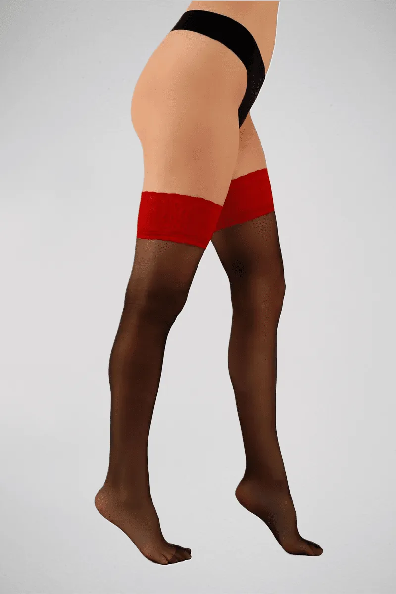 Red Sheer Black Lace Hold Up Stockings with Red Floral Trim - UK 6-14