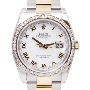 Rolex Datejust 36 18K Yellow Gold & Steel 36mm White Roman Dial Watch Custom Diamond Bezel Oyster Bracelet