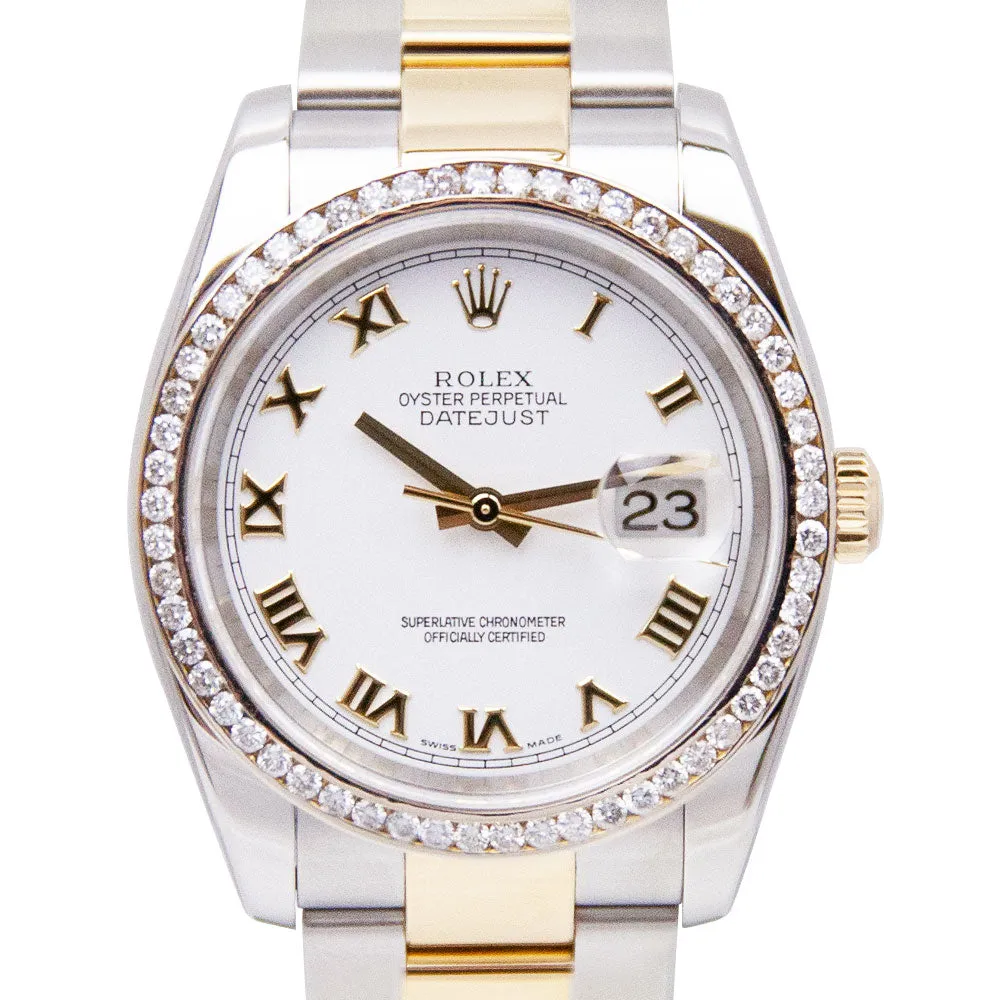 Rolex Datejust 36 18K Yellow Gold & Steel 36mm White Roman Dial Watch Custom Diamond Bezel Oyster Bracelet