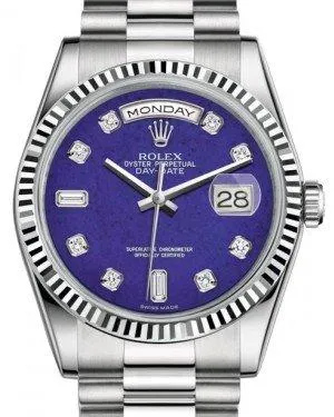 Rolex Day-Date 36 White Gold Lapis Lazuli Diamond Dial & Fluted Bezel President Bracelet 118239