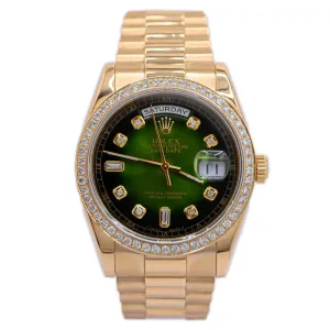 Rolex President Day-Date 36mm 18k Yellow Gold Case, Custom Green Diamond Dial, Diamond Bezel, Yellow Gold President Bracelet Watch