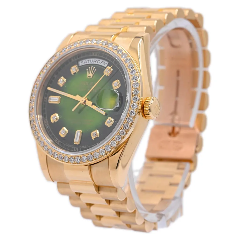 Rolex President Day-Date 36mm 18k Yellow Gold Case, Custom Green Diamond Dial, Diamond Bezel, Yellow Gold President Bracelet Watch