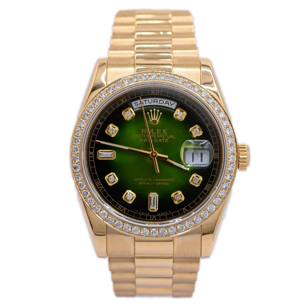 Rolex President Day-Date 36mm 18k Yellow Gold Case, Custom Green Diamond Dial, Diamond Bezel, Yellow Gold President Bracelet Watch