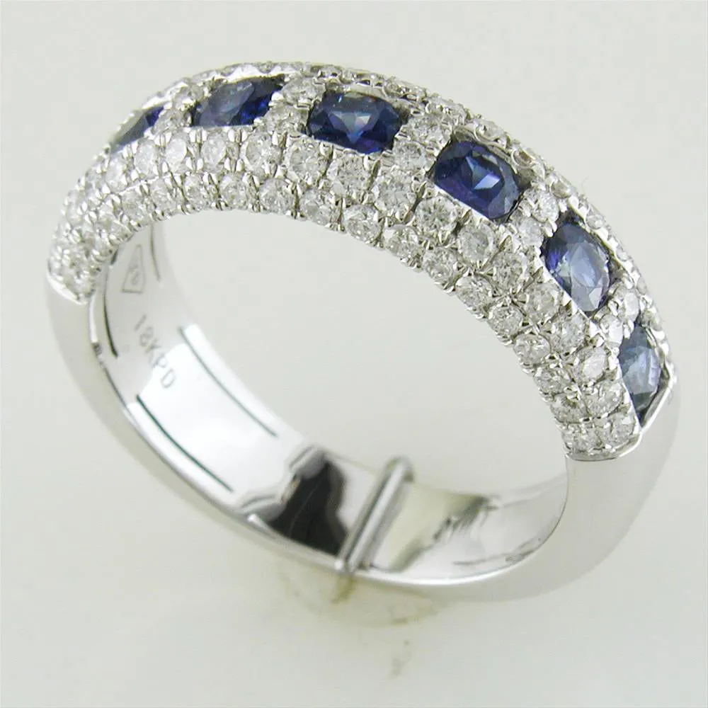 Seven Sapphire & Pave Diamond Wedding Band Ring 18K