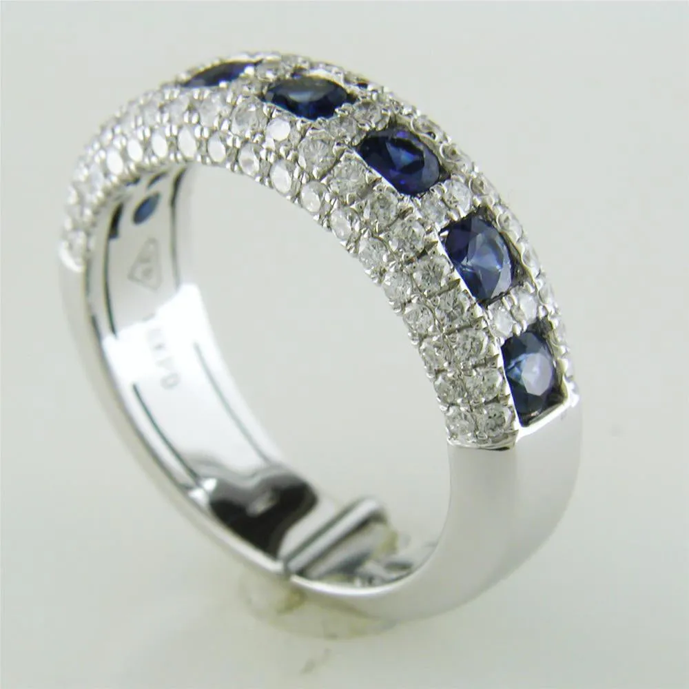 Seven Sapphire & Pave Diamond Wedding Band Ring 18K