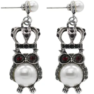 Silver Faux Pearl Owl Crown Dangle Earrings
