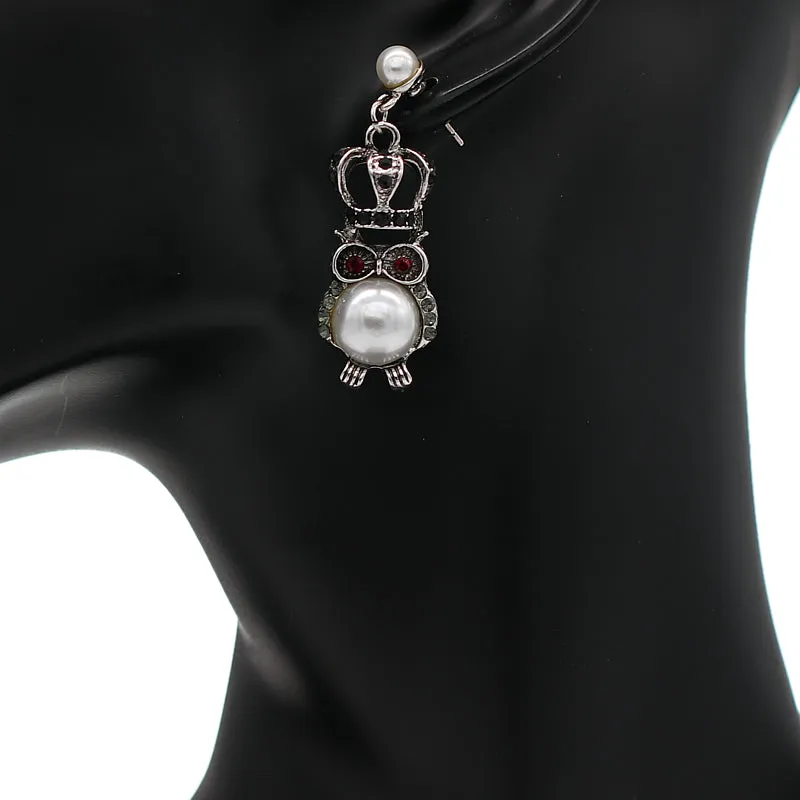 Silver Faux Pearl Owl Crown Dangle Earrings