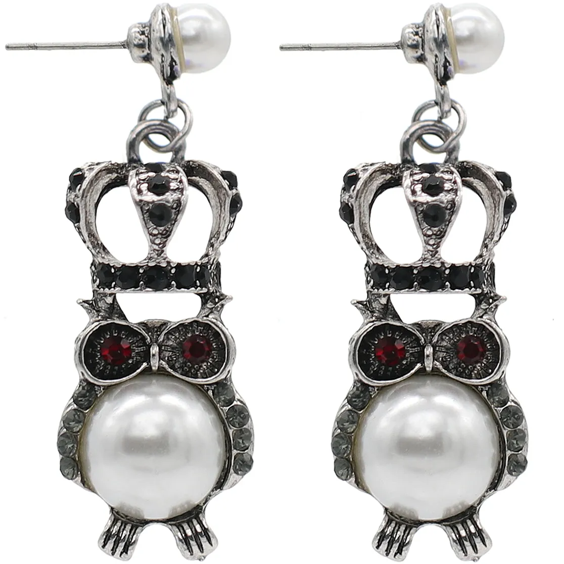 Silver Faux Pearl Owl Crown Dangle Earrings