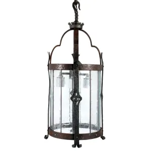 Small American Albert Sechrist Gothic Revival Hammered Wrought Iron Four-Light Pendant Light