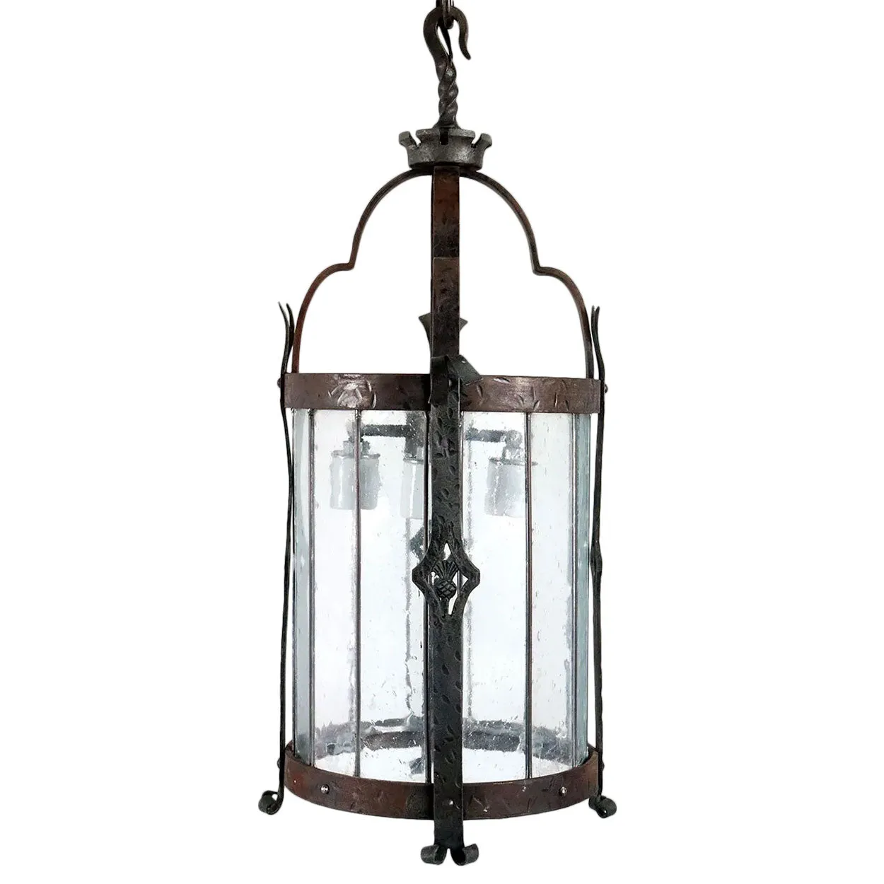 Small American Albert Sechrist Gothic Revival Hammered Wrought Iron Four-Light Pendant Light