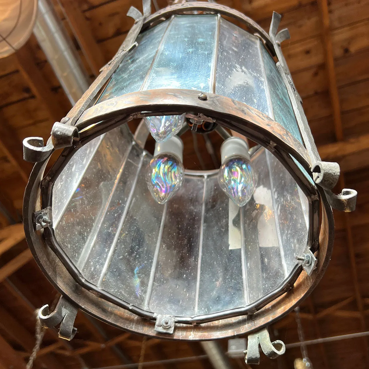 Small American Albert Sechrist Gothic Revival Hammered Wrought Iron Four-Light Pendant Light