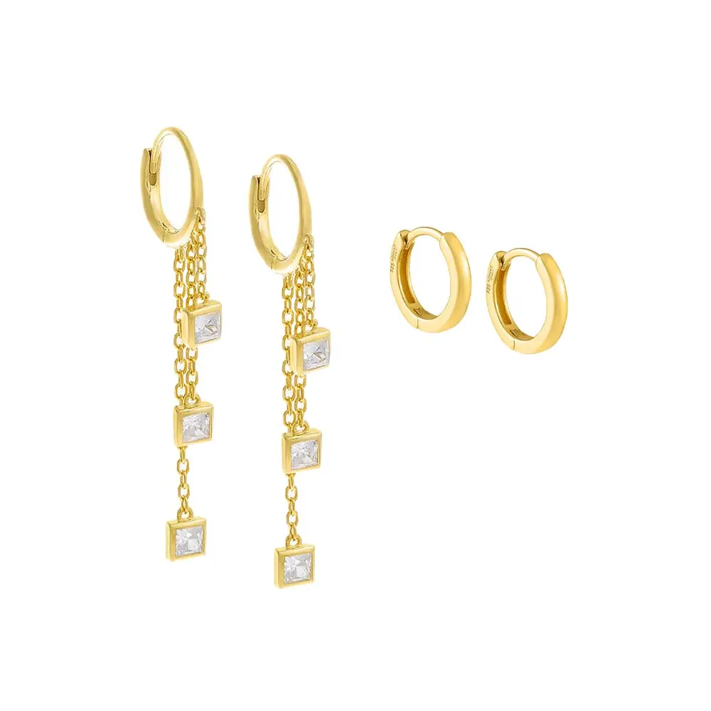 Square Bezel Multi Chain Drop Huggie Earring Combo Set