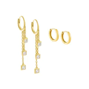 Square Bezel Multi Chain Drop Huggie Earring Combo Set