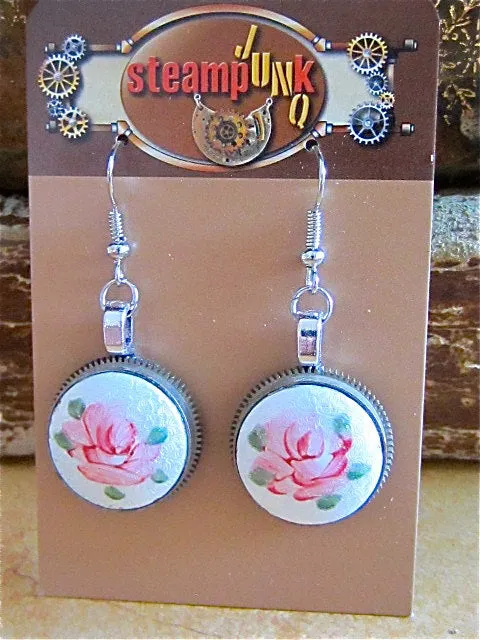 Steampunk Earrings - Remember -  Repurposed art made with Real Vintage porcelain inserts and pocket watch gears.