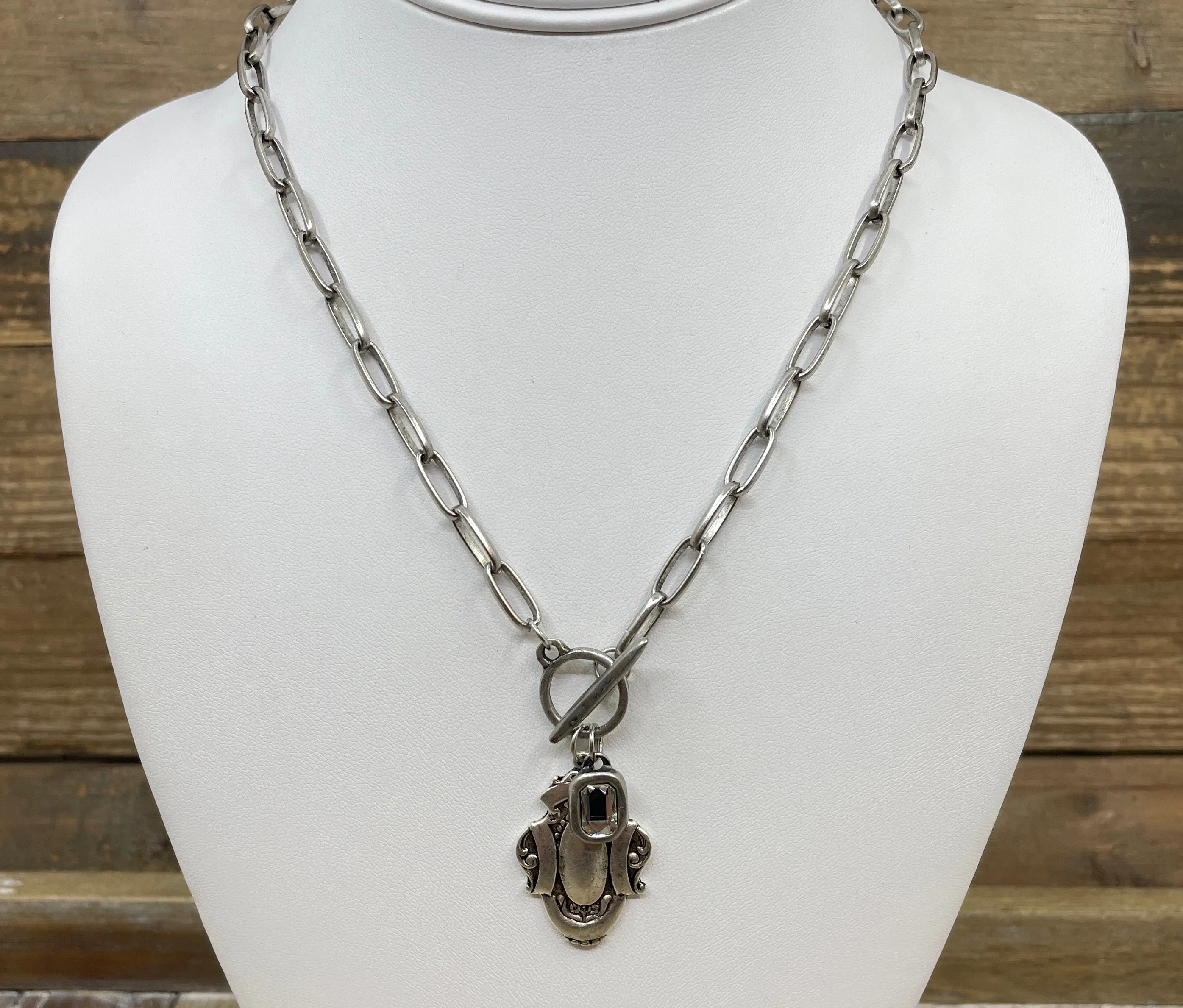 Sterling Plated 18" Chain with Reproduction Watch Fob Pendant and Swarovski Crystal