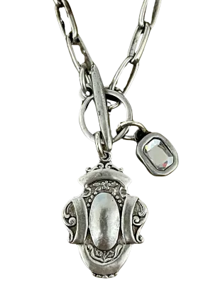 Sterling Plated 18" Chain with Reproduction Watch Fob Pendant and Swarovski Crystal
