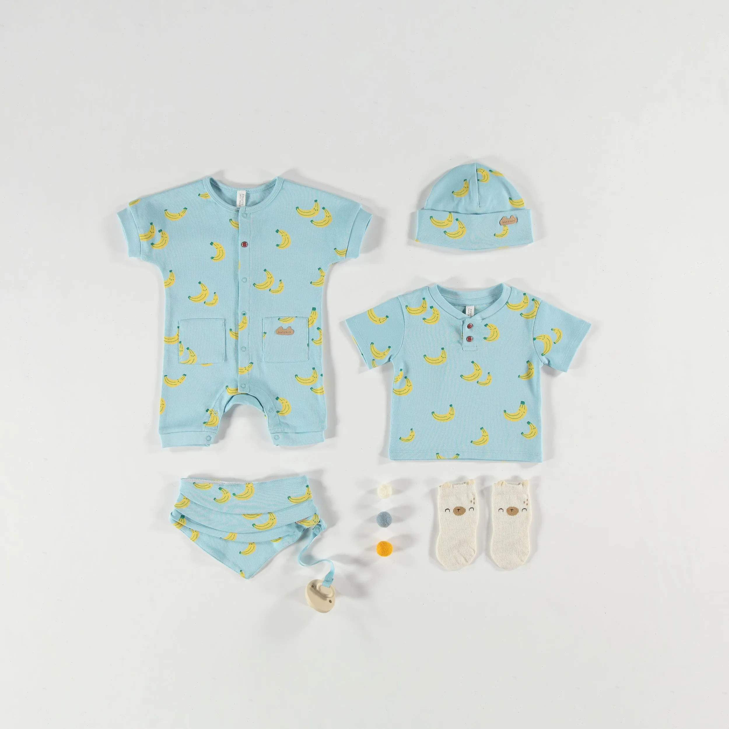 T-shirt bleu à motifs de bananes, naissance || Blue T-shirt with banana all over print, newborn