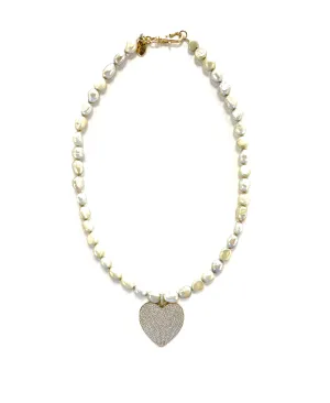 The Madison Luxe Freshwater Pearl Necklace w/ Pave Heart - Champagne