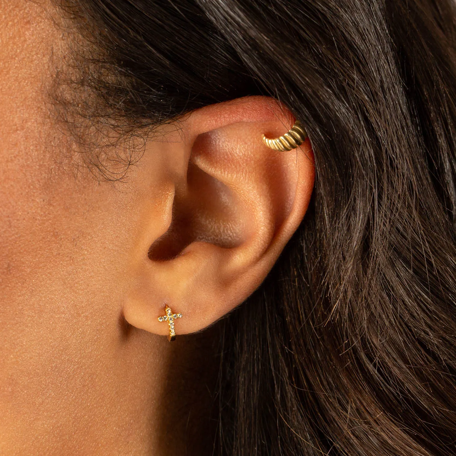 Tiny Pavé Cross Huggie Earring