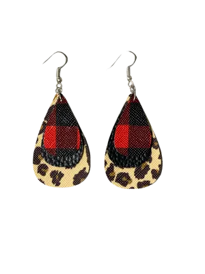 Triple Layer Leopard-Black-Buffalo Plaid Leather Earrings