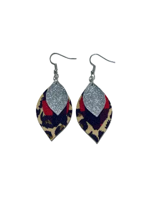 Triple Layer Leopard-Buffalo Plaid-Silver Leather Earrings